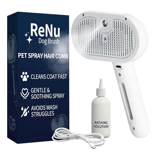 Fur Shower Brush for Cat & Dog 3 in 1 Self Cleaning Steamy Pet Brush Cat & Dog Steam Brush Pets Spray Hair Removal Comb - Anti-Static Dog Grooming Tool with Steam | Skin-Friendly Design (White)