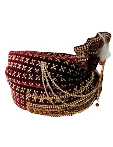 Image of BookMyCostume Dulha & Royal Wedding Turban Collection - Premium Silk, Velvet, Zari Work Safa with Kalgi & Brooch - Traditional Indian Dulha Pagdi /Sehra Perfect for Weddings & Role Plays for Men & Kids