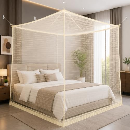 Image of Mosquito Net for King Size Bed & Double Bed, 6x7 ft, Wall /Hook Hanging, Premium Poly-Cotton Blend Fabric Foldable Machhardani (Pastel Cream)