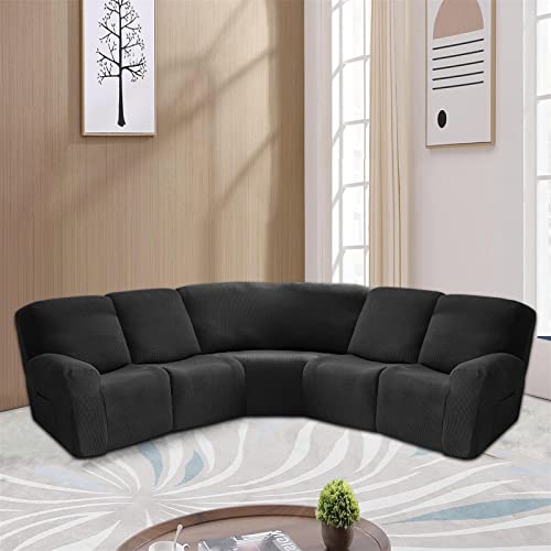 Secertmu 5 Seater Recliner Sofa Covers Stretch L Shape Sectional Sofa Slipcovers 7-Piece Velvet Stretch For Living Room Thicken Velvet Armchair Couch Covers (Black) (Fwjt-5L-01) #TOP6