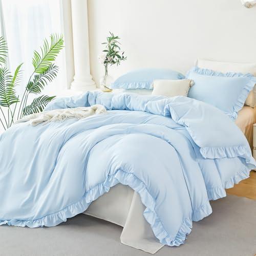STYHO Light Blue Bedding Sets Single Size 2 Pieces Ruffle Frills Duvet Cover with Pillowcase Soft Luxury Boho Vintage Plain Duvet Set with Zipper Closure 135x200cm(Light Blue Single)