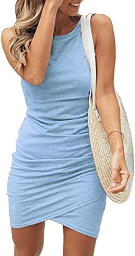 BTFBM Women 2023 Summer Sleeveless Tank Dresses Crew Neck Slim Fit Short Casual Ruched Bodycon Party Club Mini Dress(Light Blue, Large, l)
