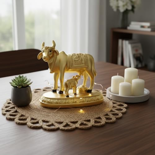 Image of Gold Matte Cow and Calf Big Idol | Vastu Showpiece for Home Temple, Pooja Room & Housewarming, Festival Gifting | Sacred Kamdhenu Figurine for Positivity & Prosperity | Size 8.5x7x5.5 cm