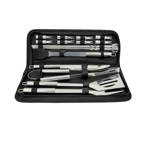 Recalma Accesorios para barbacoa, juego de cubiertos de acero inoxidable, juego de barbacoa con bolsa, juego de 18 piezas con pinzas para barbacoa, espátula y tenedor de carne, accesorios para ahumar