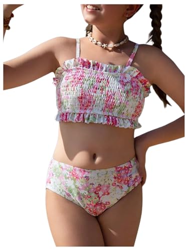 MakeMeChic Girl's Bikini Sets Floral Print Shirred Frill Trim Backless Bathing Suit