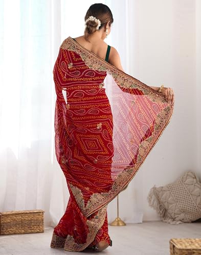SIRIL Women's Georgette Bandhani Printed and Embroidery Saree with Unstitched Blouse Piece