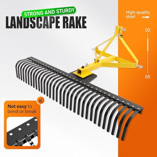 KUAFU 60In Landscape Rake, 3 Point Rake, 360 Rotation Compatible with Category 1, Cat1 Tractors Tow-Behind Garden Tool for Garden, Farm, Clearing Brush, Raking Arenas 2 Package Yellow