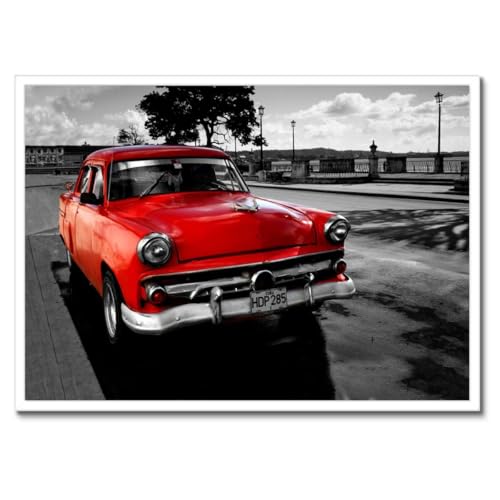 Voiture rouge cubaine poster cadre noir decoration murale retro 70 x 50 cm