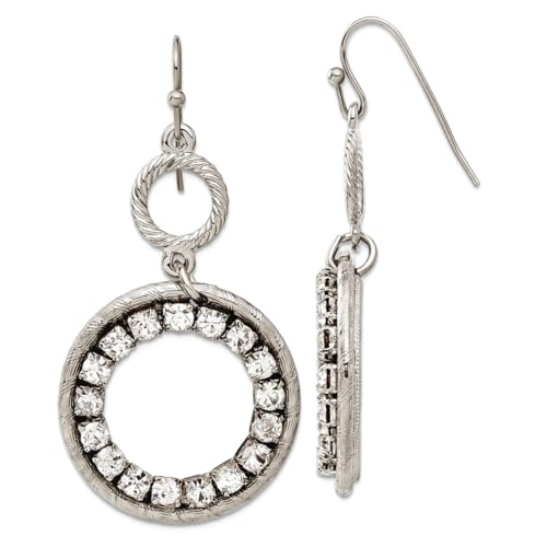 Silver-tone Shepherd hook Clear Crystal Circle Drop Earrings 48x26mm Wide