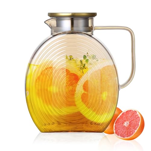 Glass Pitcher with Lid for Fridge 2.5L/84oz Water Jug with Handle Borosilicate Iced Tea Lemonade Juice Jar Space-Saving Design for Refrigerator Storage Gold Lid & Handle (2500ML)