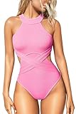 OQQ Women's One Piece Swimsuits Tummy Control High Waisted Cross Bathing Suit Wrap Tie Back 1 Piece Swimwear Fluo Pink