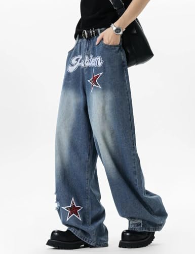 Women's Wide Leg Jeans Y2K Baggy Fit with Plaid Star Patch & Letter Embroidery, Vintage Washed Denim Pants2