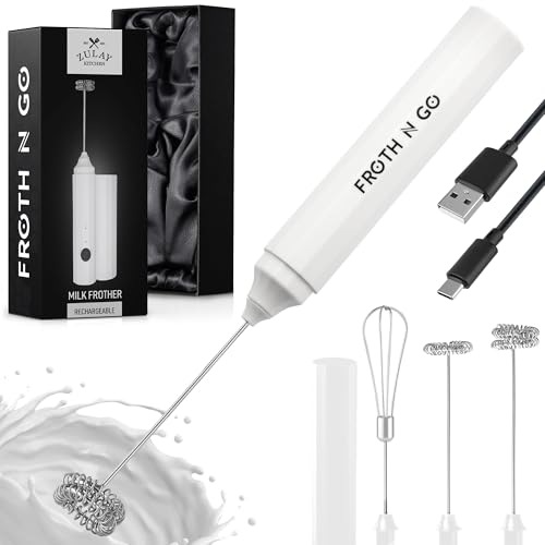 Zulay Froth N Go Milk Frother – Rechargeable 3-in-1 Handheld Frother Wand with Travel Case & USB-C Charger – Single, Double & Egg Whisk for Latte, Cappuccino, Matcha, Protein Shakes – White