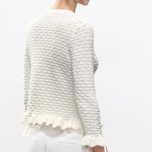 FindThy Women’s Crochet Cardigan Sweater Trendy Crewneck Ruffle Long Sleeve Button Down Crop Knitwear Tops3