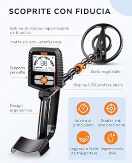 SUNPOW Metal Detector Professionale per Adulti e Bambini Metal Detector Kit Impermeabile per Oro con Display LCD Grande, 4 modalità, Bobina IP68 da 20 cm, Alta Precisione e Stabilità – MD13