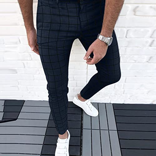 Mens Plaid Slim Fit Dress Pants Stretch Flat-Front Casual Skinny Long Pants Business Golf Pencil Chinos With Pocket #TOP2