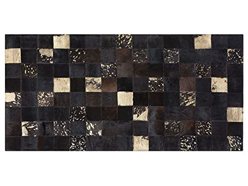 Tapis Patchwork 80 x 150 cm en Cuir Marron Beige et Noir Fait à la Main Bandirma