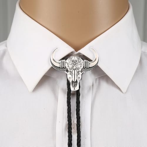 Image of Joxevyia Bolo Tie for Men Vintage Cow Skull Leather Rope Western Cowboy Necktie Vintage Bola Tie Gift for Him