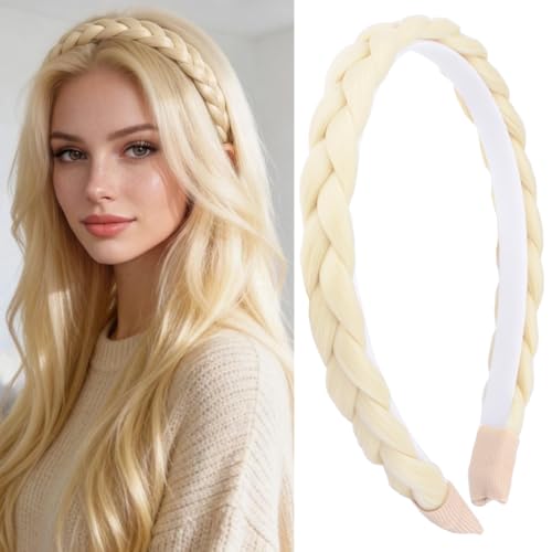 DIGUAN Width 0.6 inches Narrow Synthetic Hair Plaited Headband Braid With Teeth Hair Band Accessories for Women Girl (Thin-light blonde)