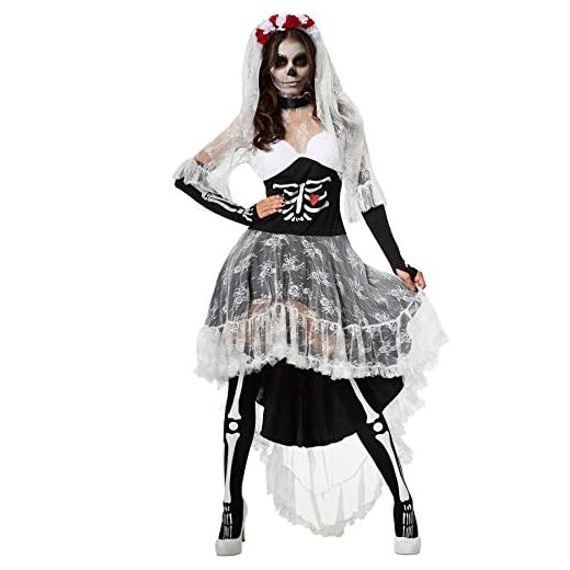 dressforfun 900416 - Disfraz de Mujer Novia Espeluznante, Vestido Mullet con Estampado de Esqueleto y de corazón (XL | No. 302008)
