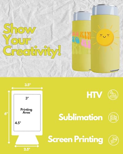 Image of PartyPrints 200 Pack Yellow Blank Slim Can Cooler Sleeves | Plain Seltzer Customizable Bulk Coolers for Beer Bottles & 12oz Tall Cans | Skinny Collapsible Drink Insulated Sleeve