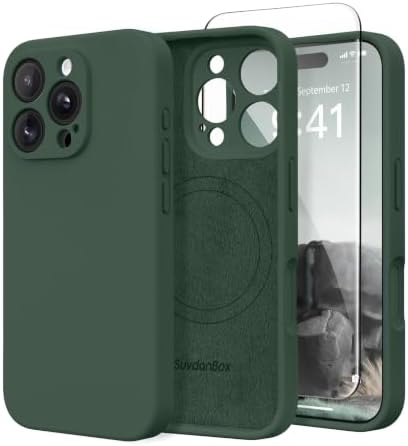 iPhone 16 Pro Max用 マグネット式 MagSafe対応 [フルカメラ保護] [スクリーンプロテクター] シリコン 耐衝撃 保護ケース iPhone 16 Pro Max 6.9インチ用 アルパイングリーン