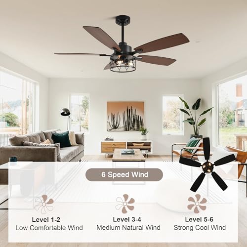 Image of 52 inch Farmhouse Ceiling Fan with Lights Remote Rustic Ceiling Fan | Caged Black Fandelier Industrial Chandelier Light for Bedroom Living Room, Reversible 6 Speeds, 3 E12 Bulbs (Not Included)