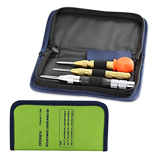 Seekqua 3Pcs Super Strong Automatic Center Punch Set - Includes Two 5-Inch Brass And A 6-Inch Black Steel Spring Loaded Center Hole Punch, Tension Adjustable, Metal Or Wood Hand Tools #TOP6