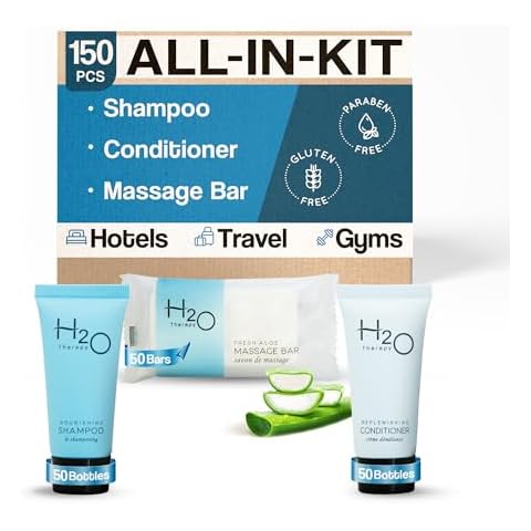 H2O Therapy Hotel Soaps and Toiletries Bulk Set | 1-Shoppe All-In-Kit Amenities for Hotels & Airbnb | 0.85 oz Hotel Shampoo & Conditioner, 1 oz Bar Soap Travel Size | 150 Pieces Cover