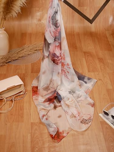 Image of Scarf Stole for Women - 185 x 135 cm Chiffon Scarf with Floral Print | Lightweight Scarf, Soft Stole for Women | Satin Feel Neck Scarf | Women Accessory