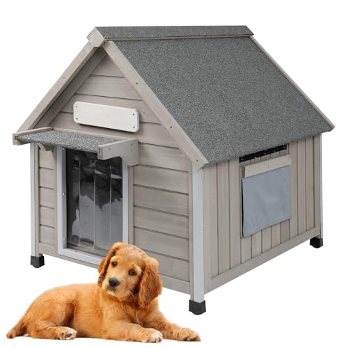 PetsCosset 26" L Outdoor Dog House with Waterproof Asphalt Roof for Small to Medium Dogs,Large Wooden Indoor Dog Kennel with Anti-Chewing Metal,Oxford