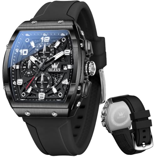 OLEVS Mens Black Watch Luxury Dress Stainless Steel Watches Large Chronograph Silicone Strap Waterproof Square Watch for Men