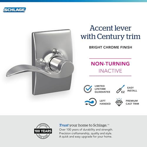 Image of SCHLAGE Accent Lever with Century Trim Non-Turning Lock in Bright Chrome - Left Handed