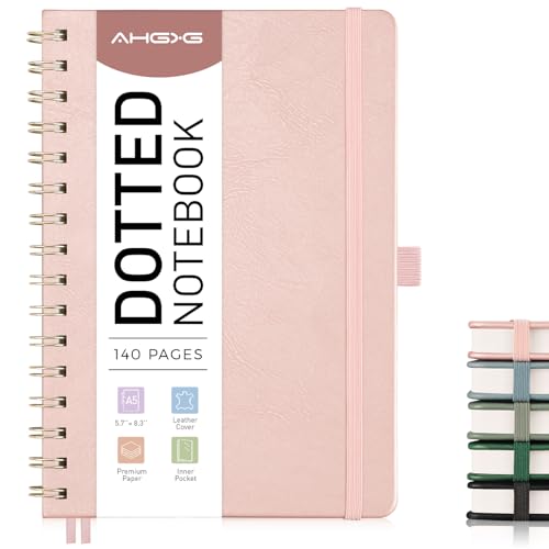AHGXG Dotted Journal Spiral Notebook, Hardcover Leather Dotted Notebook 140 Pages, A5 Dot Grid Paper Notebook, 100 gsm Thick Paper, for Dotted Journaling, 5.7