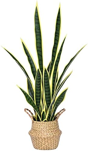 Hanamono 35.4" Artificial Snake Plant, Faux Potted Plants Large Tropical Sansevieria Home Decor Indoor Outdoor 21 Leaves for Living Room/Bedroom/Office/Housewarming Gift w/Planter & Seagrass Basket