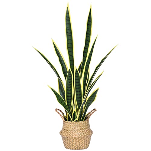 Hanamono 35.4" Artificial Snake Plant, Faux Potted Plants Large Tropical Sansevieria Home Decor Indoor Outdoor 21 Leaves For Living Room/Bedroom/Office/Housewarming Gift W/Planter & Seagrass Basket #TOP17