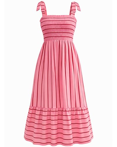 Image of Pinup Fashion Plus Size Summer Sun Smocked Eyelet Tie Straps Midi Dress | Adjustable tie straps, square neck, high waist, flowy tiered A-line, perfect for casual beach, holiday vacation, photoshoot