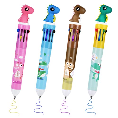 OFFCUP Bolígrafo Retráctil Multicolor, 4pcs 10 en 1 Bolígrafos de Bola Retráctiles, Bolígrafo de Dibujos Animados Dinosaurio Unicornio Para Oficina, Útiles Escolares, Estudiantes, Niños, 0.5mm
