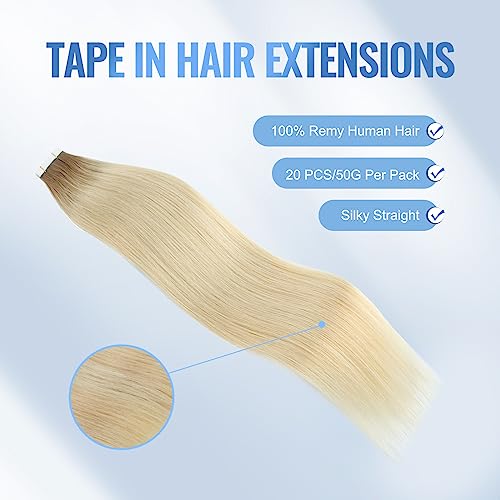 Image of Sixstarhair Invisible Tape In Hair Extensions Real Human Hair Rooted Blonde with Medium Brown Fading to Platinum Blonde Remy Hair Extensions for Women 20 Pieces 50g [Color #R6-60 16 inch]