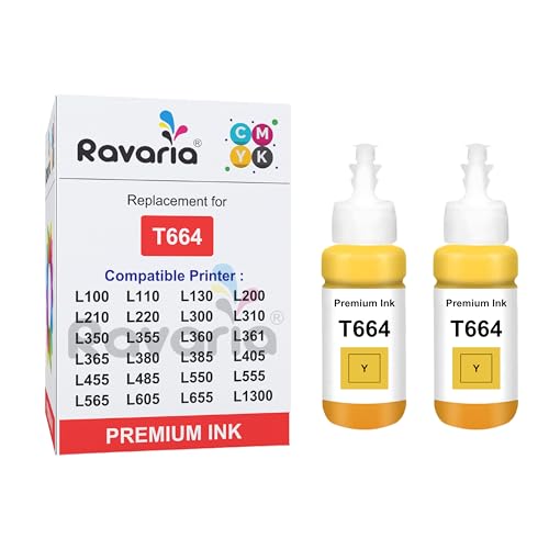 Image of T664 Compatible Ink for Ep L100, L110, L130, L200, L210, L220, L300, L310, L350, L355, L360 L361, L365, L380, L385, L405, L455, L485, L550, L555, L565 Printer (T664 Yellow 2 Pcs)