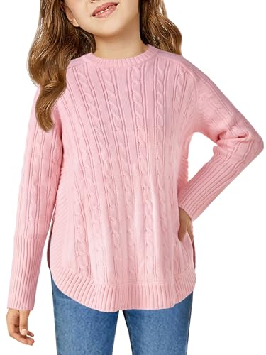 Haloumoning Girls Oversized Sweater Kids Fashion Batwing Sleeve Cable Knit Sweaters with Side Slit 5-14 Years