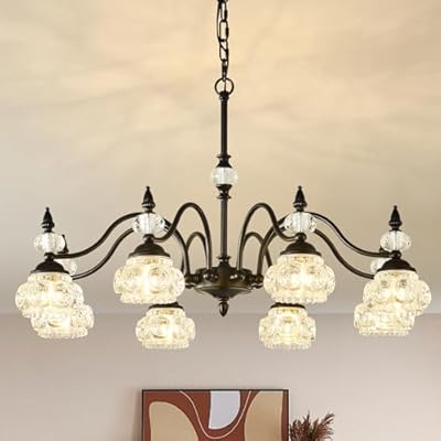 TESTOYS Vintage Black Crystal Chandelier for Dining Room, 8-Light Antique Victorian Chandelier Modern Farmhouse Hanging Light Fixtures for Kitchen Island Living Room Bedroom G9