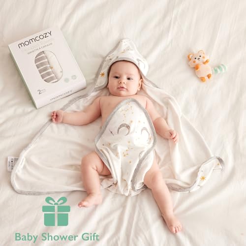 Image of Momcozy Hooded Baby Towel, 2 Pack Baby Bath Towel with Large 35 X 35 Inch, Super Soft Cotton and Hooded Towel for Newborn, Toddler and Kid, Starry Sky