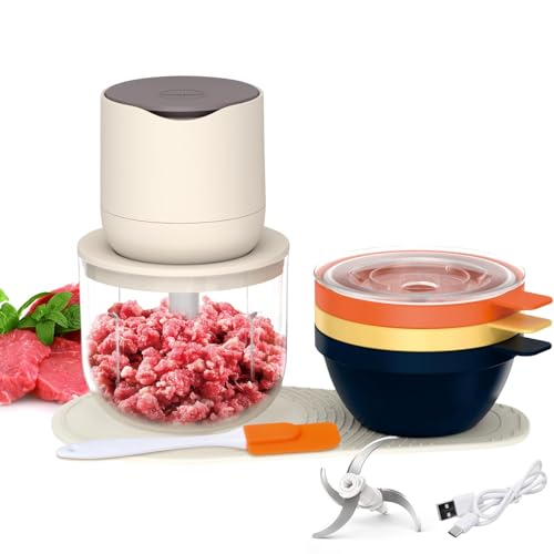Image of AEXERO Large Capacity Vegetable Chopper Electric for Kitchen, 2 Stainless Steel Blades, One Touch Operation, for Mincing Garlic and More, 100 Watt (Apricot)