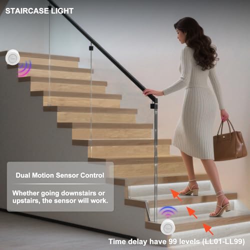Image of Intelligent Motion Sensor LED Stair Light Kit with Main Wire& Daylight Sensor, Step by Step Control 47.2 Inches Cuttable LED Strip Lights Indoor with Remote (20 Stairs,6000K)
