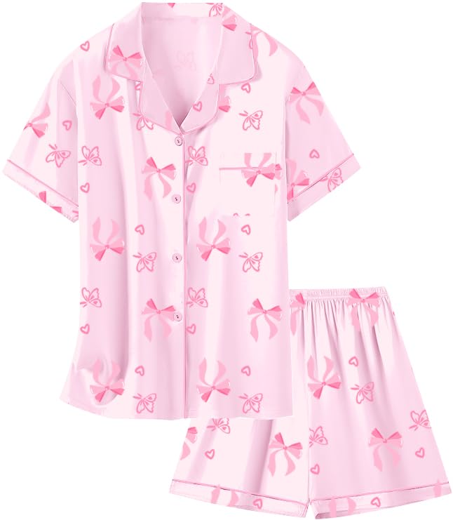 Image of Schbbbta Girls Womens Pajamas, Satin Silky Pjs Set Kids 2Pcs Button-Down Nightwear Sleepwear Gift for Mommy and me