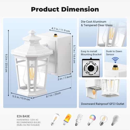 Image of Gleamz Outdoor Wall Lights with GFCI Outlet, White 2-Pack Exterior Lighting Fixtures with Dusk to Dawn Sensor, Porch Light with Outlet Wall Mount, Waterproof Front Door Light Fixture Outdoor