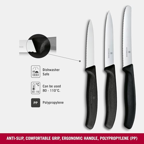Victorinox Swiss Classic Küchenmesser Set, 3teilig, Gemüse-, Tomaten- und Frühstücksmesser, Rostfreier Stahl, Schwarz