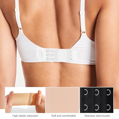 4 Pcs Women's Bra Extenders 3 Hooks 3 Rows, Elastic Bra Extenders, Soft Stretchy Back Bra Extension Strap, Adjustable Bra Extender (Black, White, Nude, Beige)4