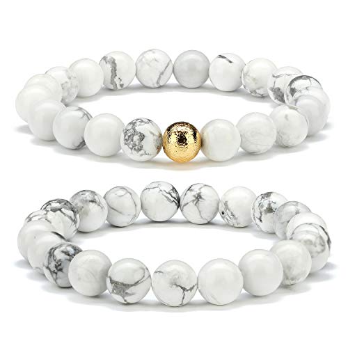 CHOGLE Stackable Beaded Bracelets for Women - Gemstone Beads 8mm Bracelet - Stretch Strand Friendship Bracelet Set for Girls (White Marble Round Beaded Bracelet)